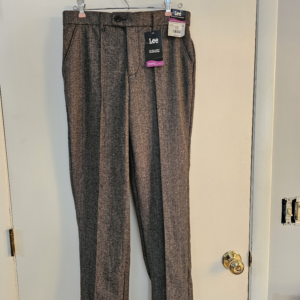 NWT Lee Black/Grey Herringbone Slacks, Midrise Straight Leg, 6 M Regular Fit